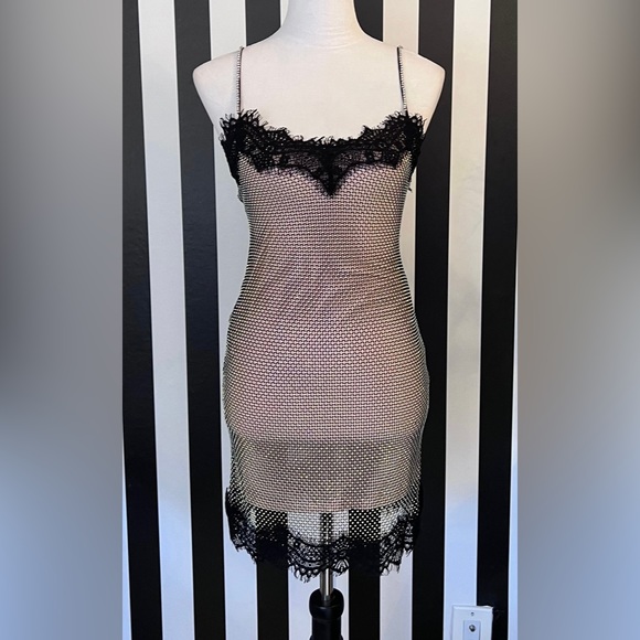Nude Crystal Rhinestone Mesh Dress with Black Lace & Rhinestone Straps - NWT - Picture 4 of 10